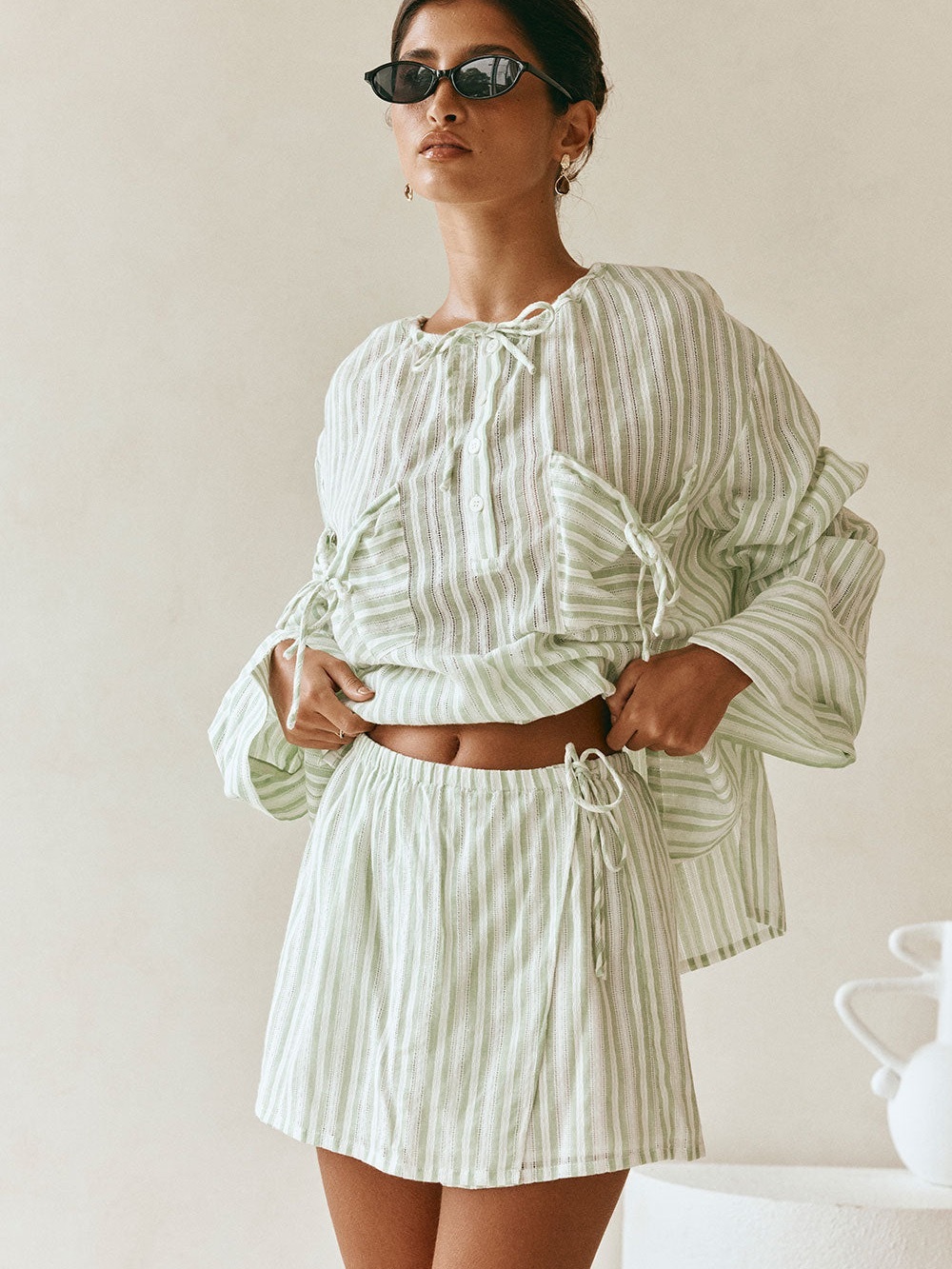 Light Green Striped Womens Skirt Set - Mint Stripe